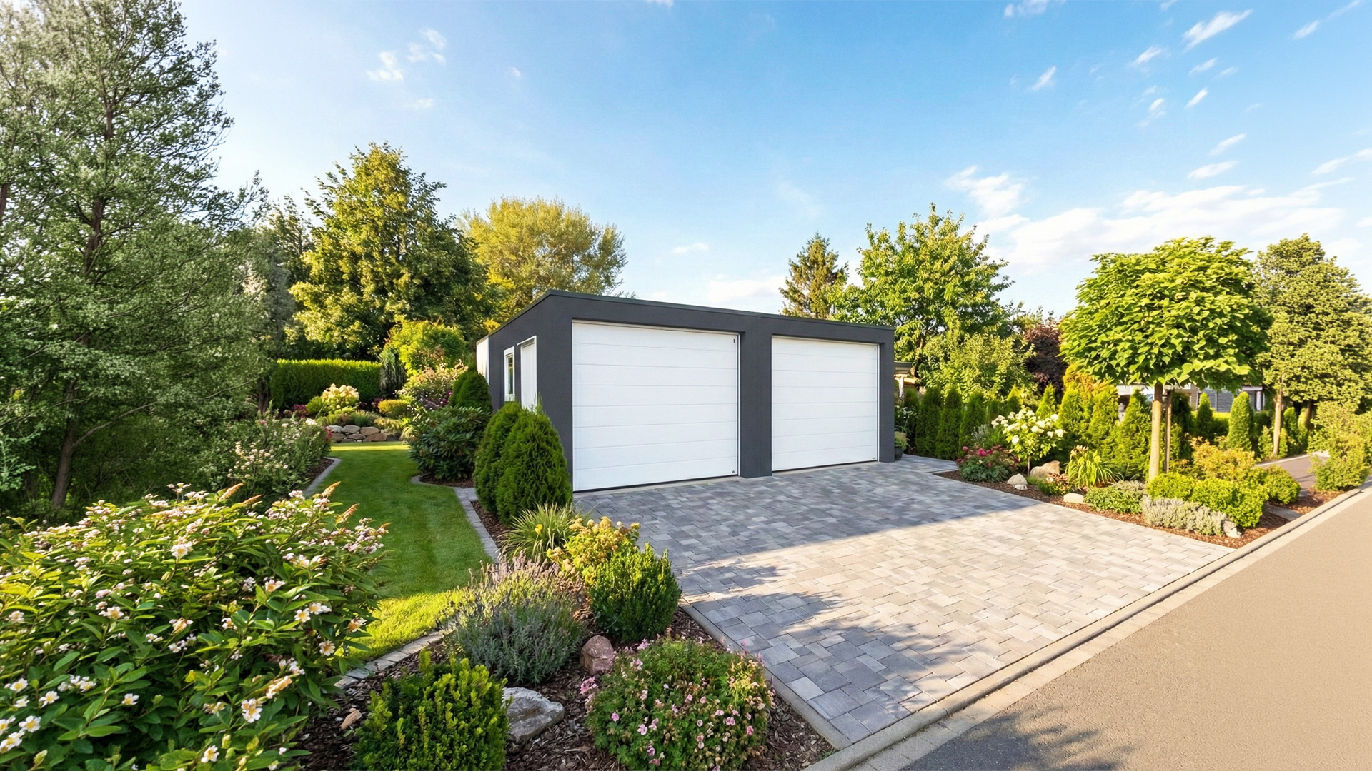 Doppelgarage in moderner Gartenanlage Freistehende Betonfertig-Doppelgarage mit dunkler Fassade und zwei weißen Sektionaltoren auf großzügiger Pflasterfläche, eingebettet in eine gepflegte Gartenlandschaft mit Rasen, Sträuchern und Bäumen, vom Hersteller ZAPF