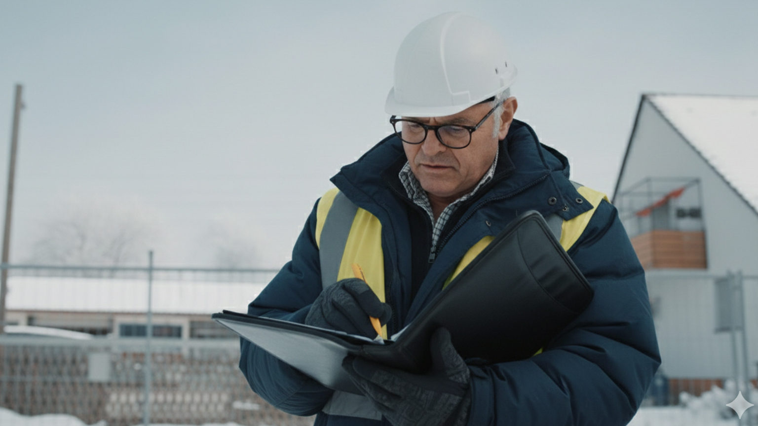 Bauleitung bei der Montage einer Fertiggarage Bauleiter mit Schutzhelm und Warnweste prüft Unterlagen auf einer Baustelle im Zusammenhang mit der Garagenmontage, vom Hersteller ZAPF