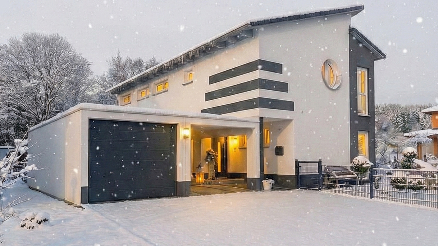 Garage préfabriqué moderne avec porte sectionnelle attenant à une maison individuelle en hiver Garage préfabriqué en béton avec porte sectionnelle foncée, accolé à une maison individuelle à deux étages au design contemporain, avec éclairage extérieur et chute de neige dans un environnement hivernal du fabricant ZAPF