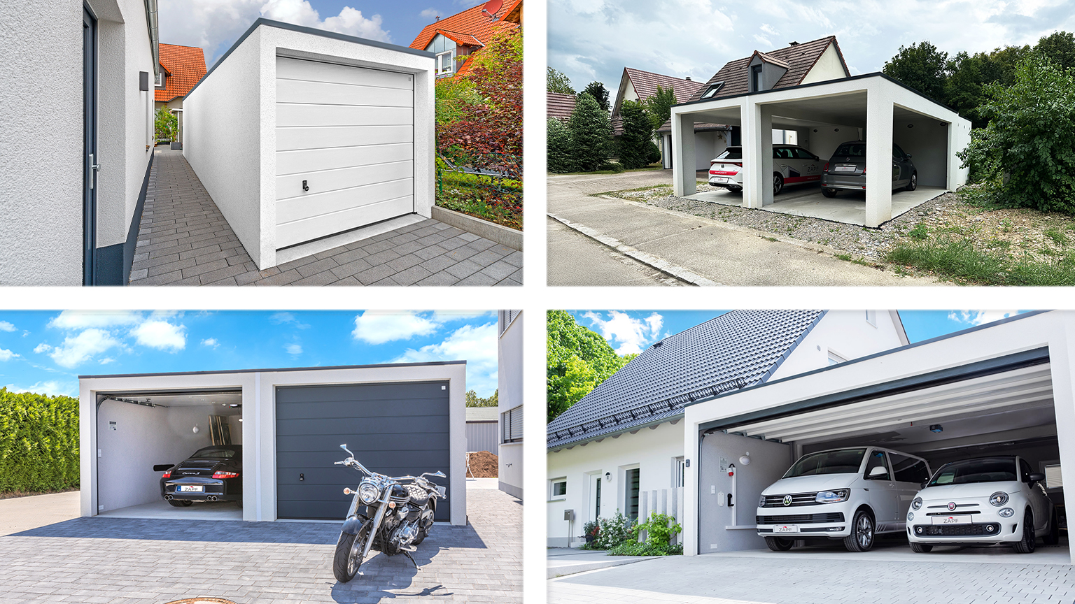 Exemples de garages préfabriqués et carports modernes aux conceptions variées Quatre vues de solutions de garages modernes comprenant un garage préfabriqué en béton, des garages simples et doubles avec portes sectionnelles ainsi qu’un carport ouvert, présentés en version indépendante ou intégrée à la maison dans un style contemporain du fabricant ZAPF