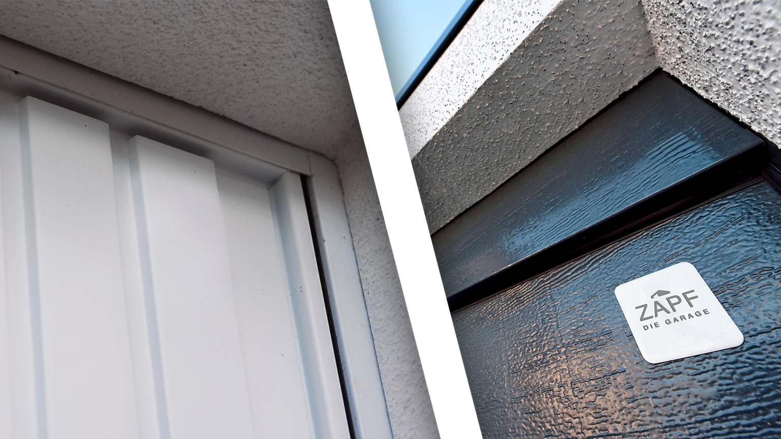 Detailansicht Garagentor und Betonoberfläche Nahaufnahme eines weißen Garagentors mit senkrechter Sickenstruktur und angrenzender strukturierter Betonwand, daneben Detail eines dunkel beschichteten Garagentors mit ZAPF Logo-Plakette und hochwertiger Oberflächenstruktur in ZAPF Qualität von ZAPF Garagen