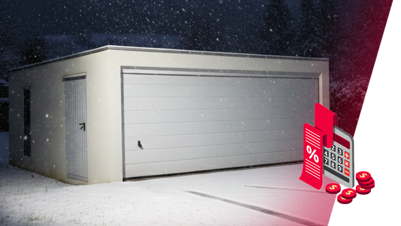 Fertiggarage im Winter mit Sektionaltor – Preisvorteile entdecken Helle Betonfertiggarage mit Flachdach in verschneiter Umgebung, ausgestattet mit einem großflächigen, horizontal gegliederten Sektionaltor an der Front und einer seitlichen Metall-Nebentür. Die Garage steht frei im Schnee vor dunklem, winterlichem Hintergrund mit sichtbarem Schneefall; rechts ergänzt ein grafisches Element mit Prozentzeichen, Münzen und Taschenrechner das Motiv als Hinweis auf Preisvorteile und Kostenersparnis, von ZAPF Garagen.