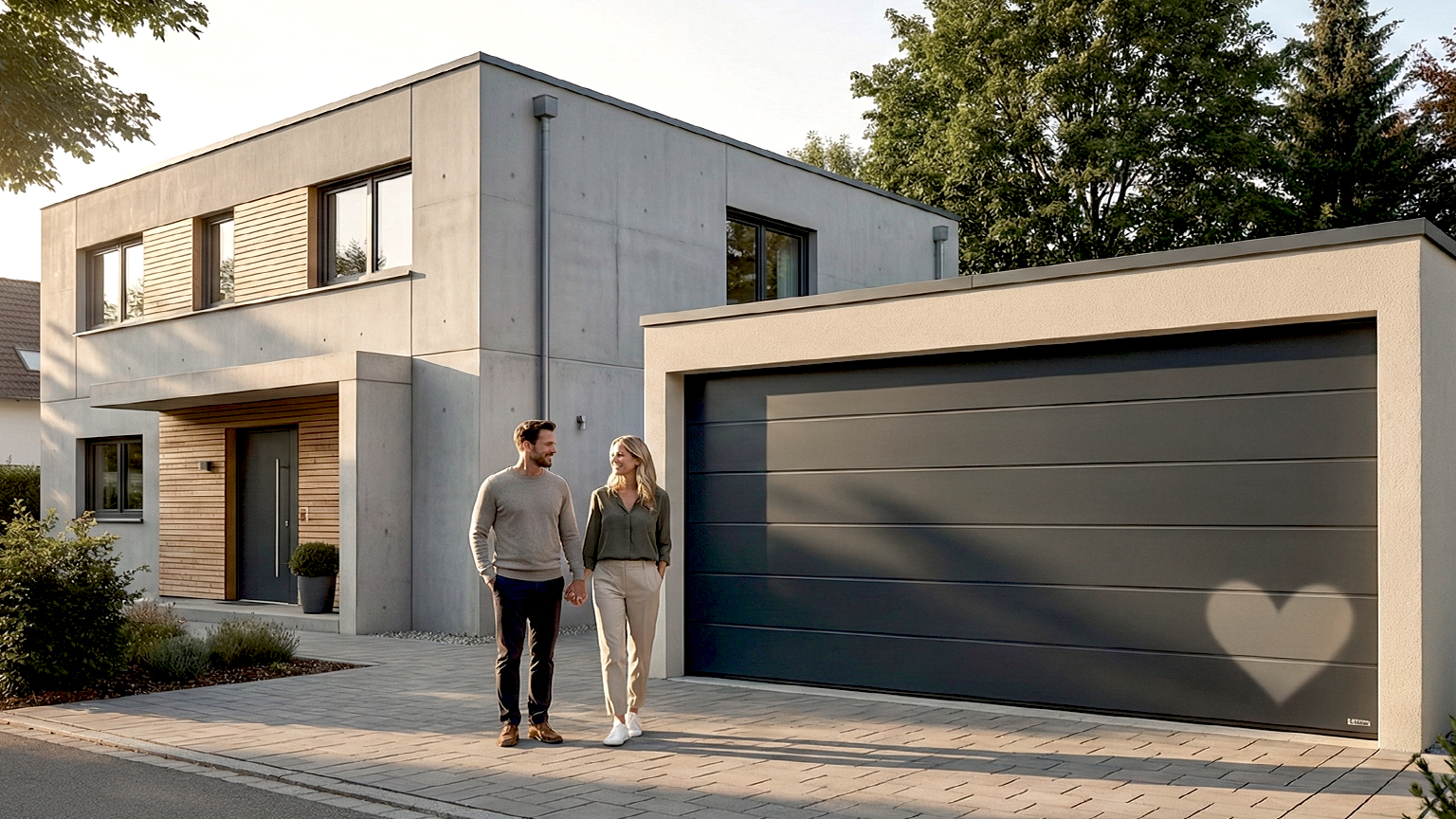 Fertiggarage mit Sektionaltor als Teil moderner Wohnarchitektur Moderne Betonfertiggarage mit großflächigem Sektionaltor und flachem Dach, integriert in ein zeitgemäßes Einfamilienhaus, davor ein Paar auf dem gepflasterten Hof, vom Hersteller ZAPF