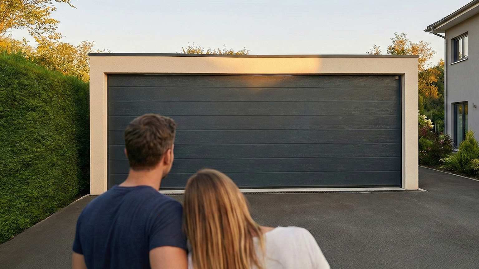 Moderne Doppelgarage mit breitem Sektionaltor vor Einfamilienhaus Moderne Betonfertiggarage mit breitem, dunklem Sektionaltor und flachem Dach, freistehend vor einem Wohnhaus, im Vordergrund ein Paar von hinten betrachtet, von ZAPF