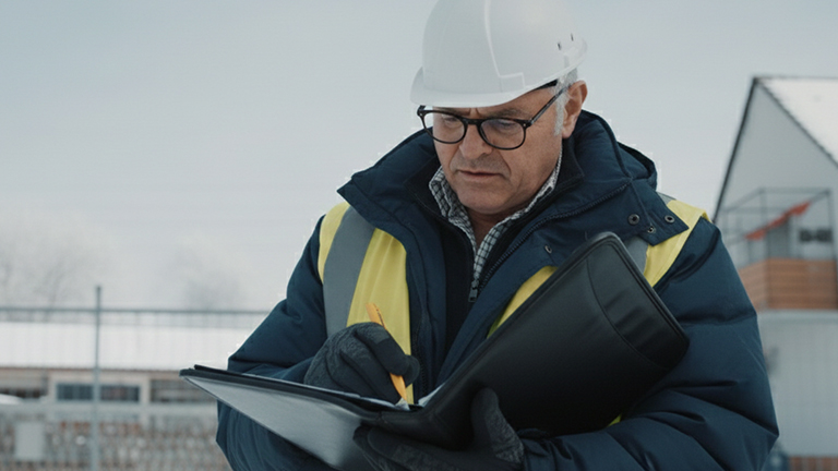 Bauleiter mit Schutzhelm und Warnweste prüft Unterlagen auf einer Baustelle im Zusammenhang mit der Garagenmontage, vom Hersteller ZAPF