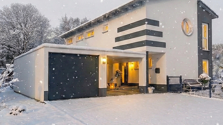 Moderne Betonfertiggarage mit dunklem Sektionaltor, angebaut an ein zweigeschossiges Einfamilienhaus mit klaren Linien, beleuchteter Einfahrt und Schneefall in winterlicher Umgebung von ZAPF