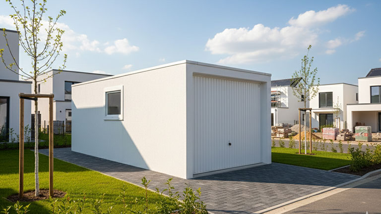 Freistehende Betonfertiggarage mit weißer Putzfassade, seitlichem Fenster und geschlossenem Schwingtor auf gepflasterter Zufahrt in einem Neubaugebiet, ZAPF Qualität von ZAPF