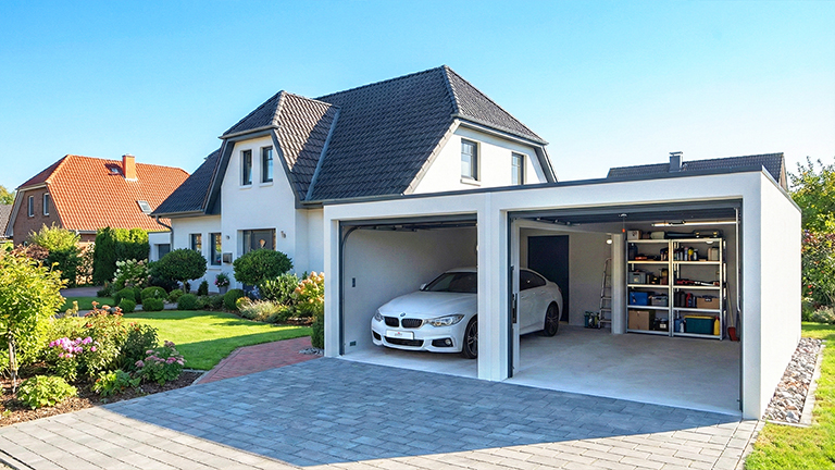 Garage double en béton préfabriqué avec deux portes sectionnelles ouvertes, une voiture blanche stationnée à gauche et des étagères de rangement à droite, allée pavée et jardin paysager devant une maison individuelle, ZAPF Garagen