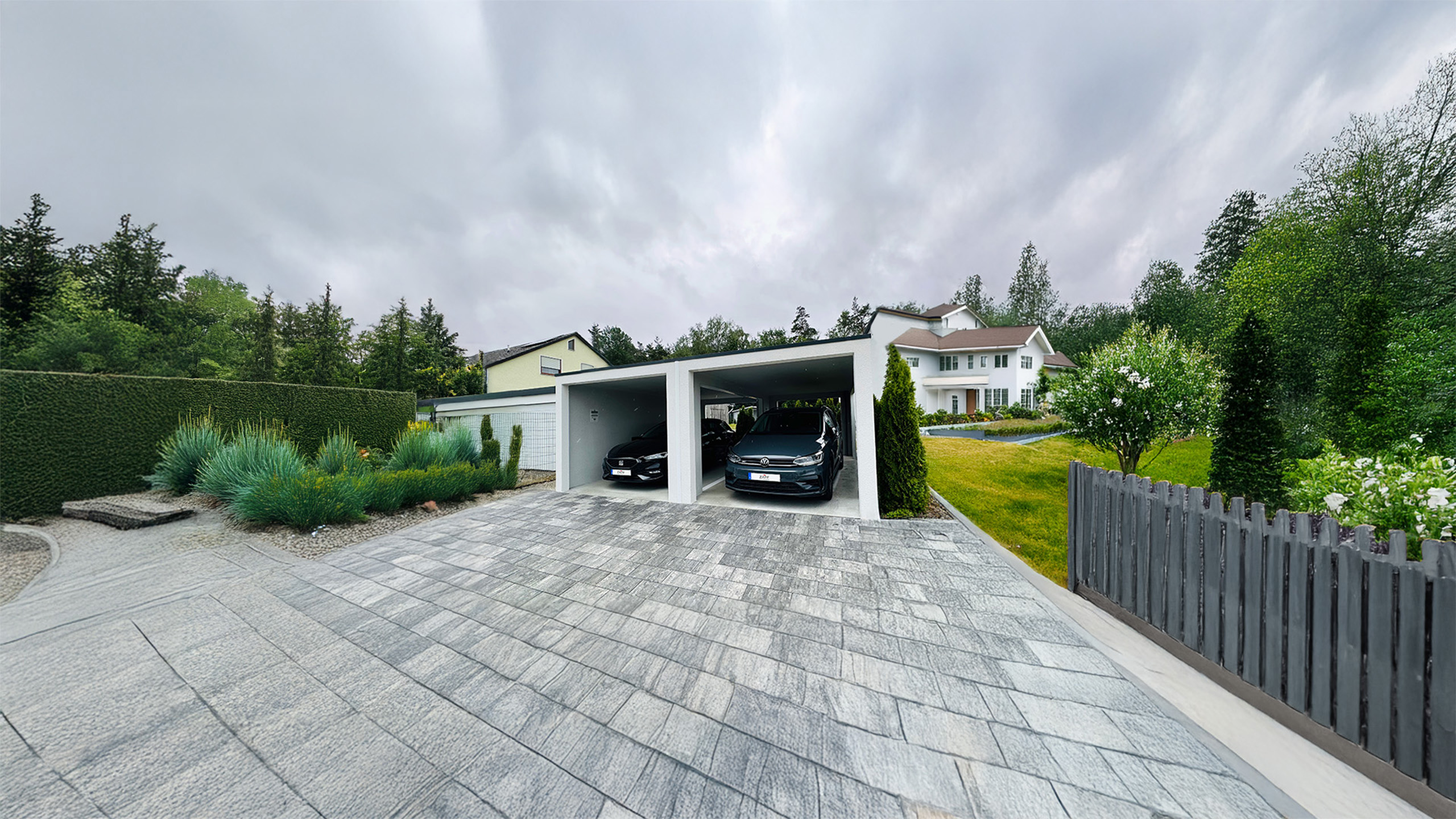 ZAPF carport Modern carport as a double garage with two parking spaces and paved driveway