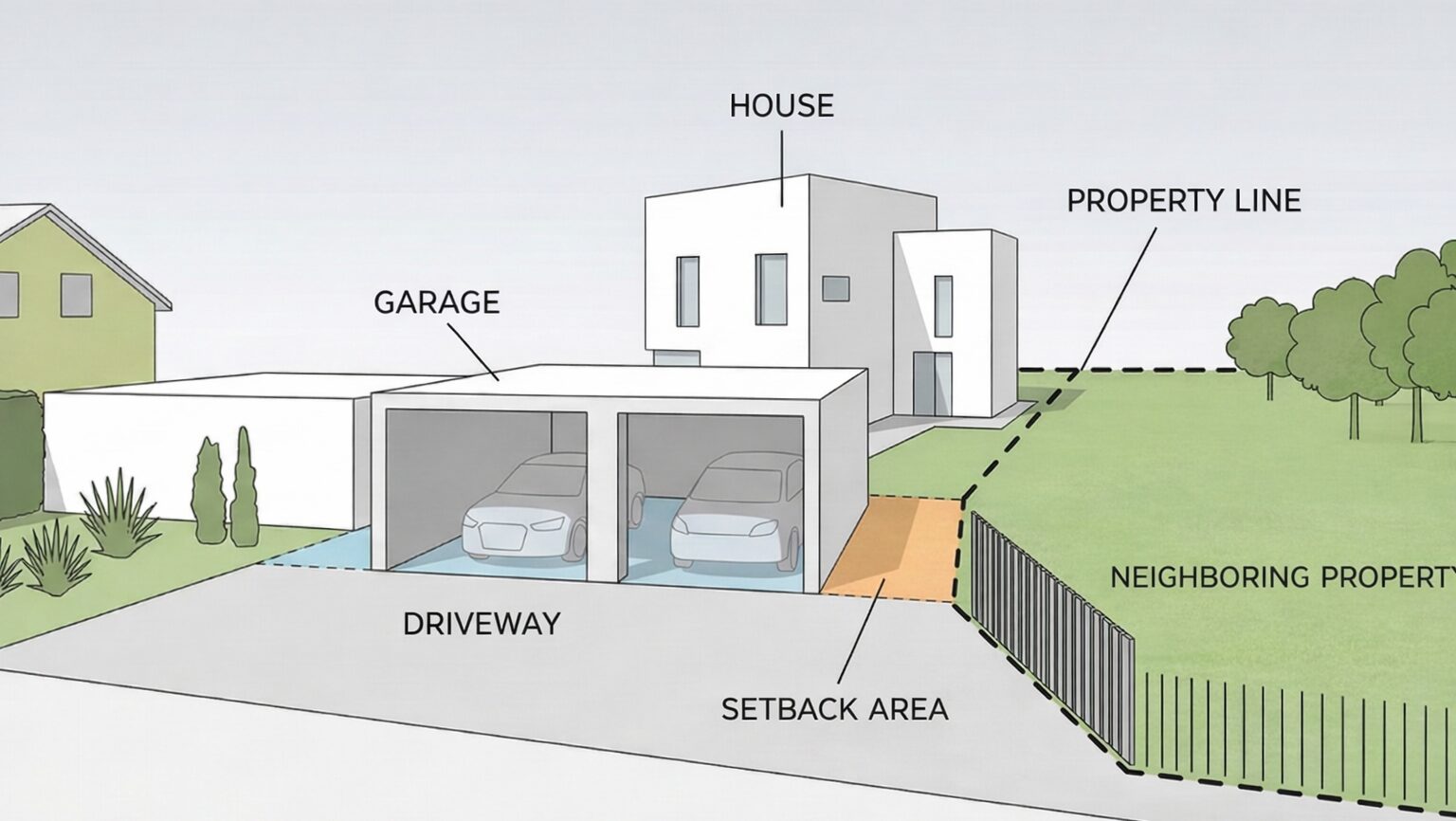 Garage Setback Example in Rhineland-Palatinate Diagram showing garage setback area, property line, neighboring property and driveway for a residential house in Rhineland-Palatinate, Germany.