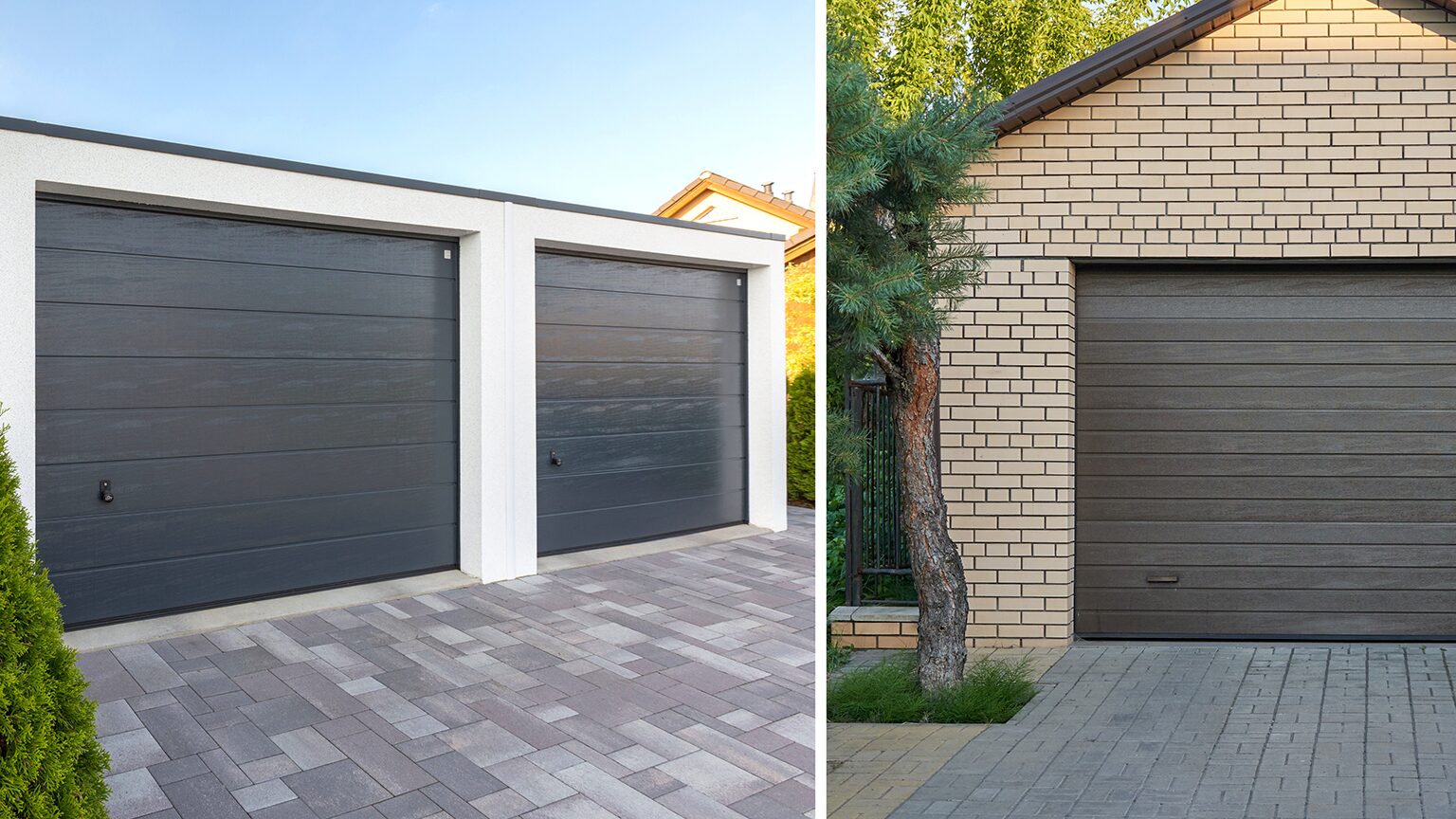 Precast Concrete Garage vs Brick Garage Comparison Comparison of a prefabricated concrete double garage and a traditional brick garage with sectional doors in a residential driveway.