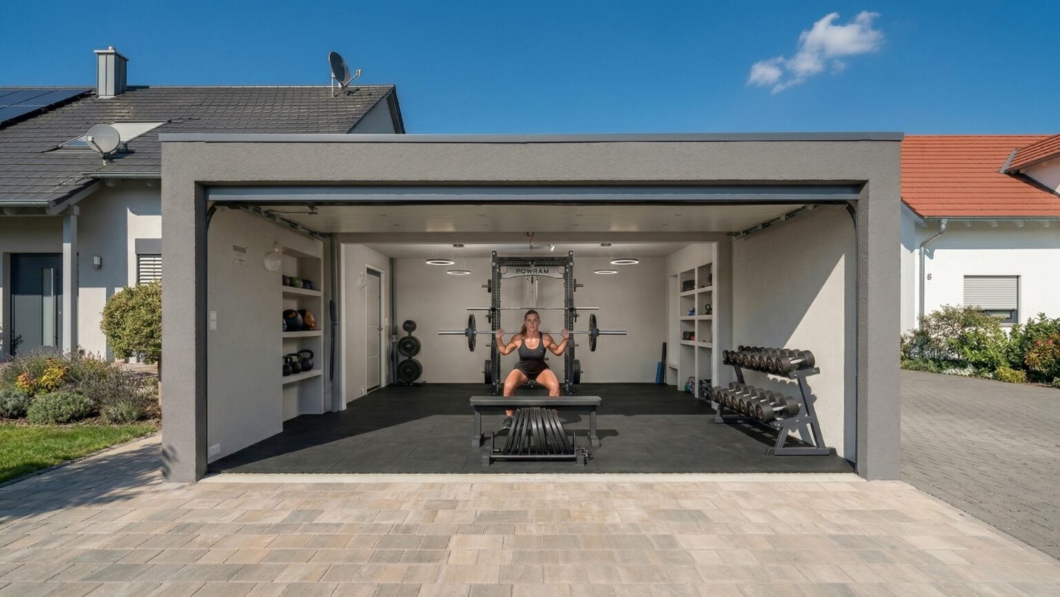 Modernes Garage Gym mit Krafttraining Eine moderne Garage wurde in ein hochwertiges Home Gym umgebaut. Eine Person trainiert mit einer Langhantel im Power Rack, während der Raum hell, aufgeräumt und funktional gestaltet ist.