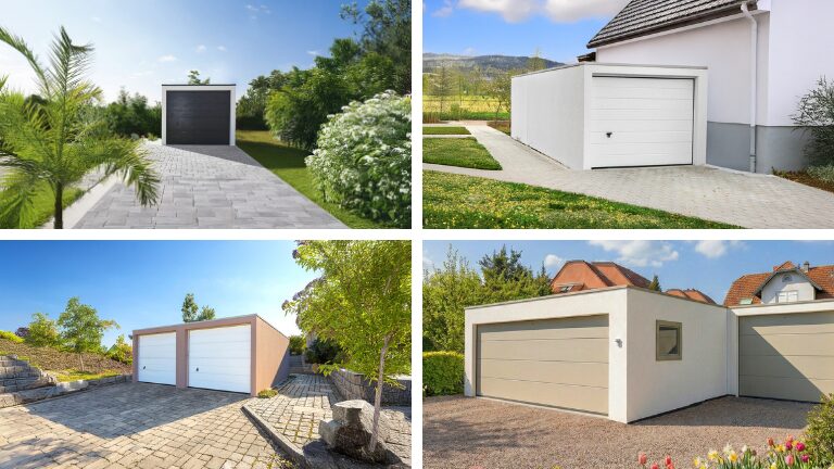 Collage présentant quatre garages préfabriqués en béton indépendants avec différentes portes de garage, dont des portes sectionnelles blanches et anthracite, sur des allées pavées à côté de maisons individuelles avec jardins et végétation, garages de qualité du fabricant ZAPF