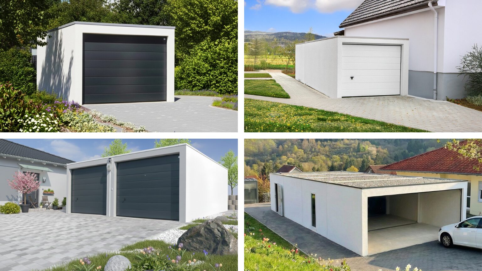 Kein Titel (768 x 432 px) (1536 x 864 px) (1) Collage présentant quatre garages préfabriqués en béton indépendants avec différentes portes de garage, dont des portes sectionnelles blanches et anthracite, sur des allées pavées à côté de maisons individuelles avec jardins et végétation, garages de qualité du fabricant ZAPF