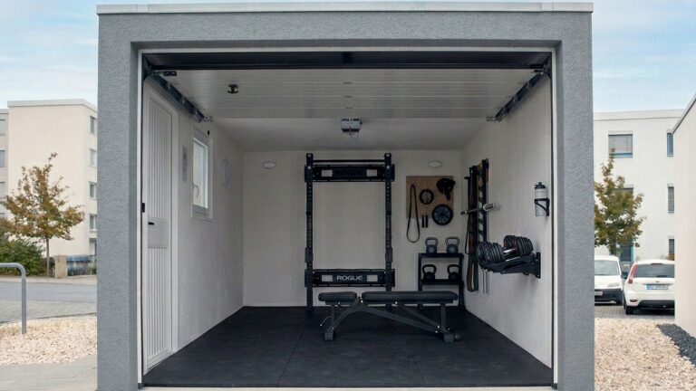 Eine Einzelgarage wurde in ein kompaktes Home Gym umgewandelt. Der Raum ist minimalistisch gestaltet und bietet alles für effektives Krafttraining mit Rack, Hanteln und Trainingsbank.