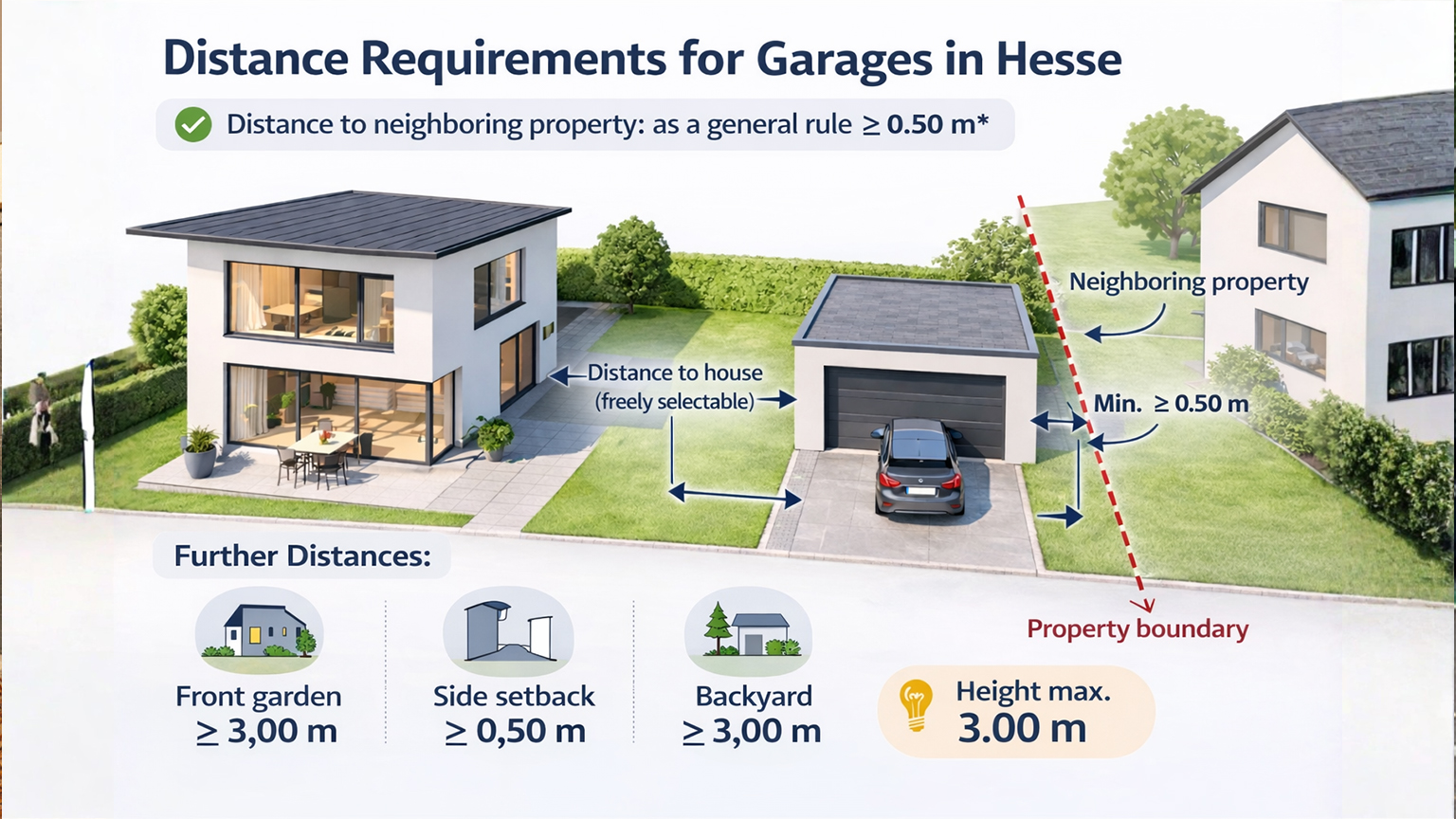 Infographic showing distance requirements for garages in Hesse with house, property boundary and minimum setbacks Infographic with a modern house, prefabricated concrete garage and marked property boundary illustrating minimum distances including at least 0.50 m to the neighboring property, selectable distance to the house, front garden and backyard requirements of at least 3.00 m and a maximum garage height of 3.00 m, visualized with a garage and sectional door on a residential property from ZAPF