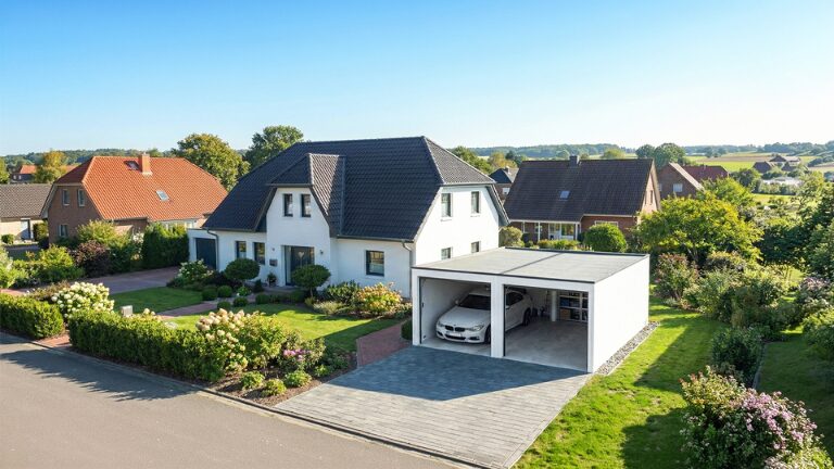 Modernes Einfamilienhaus mit Betonfertiggarage und Zufahrt in Hessen