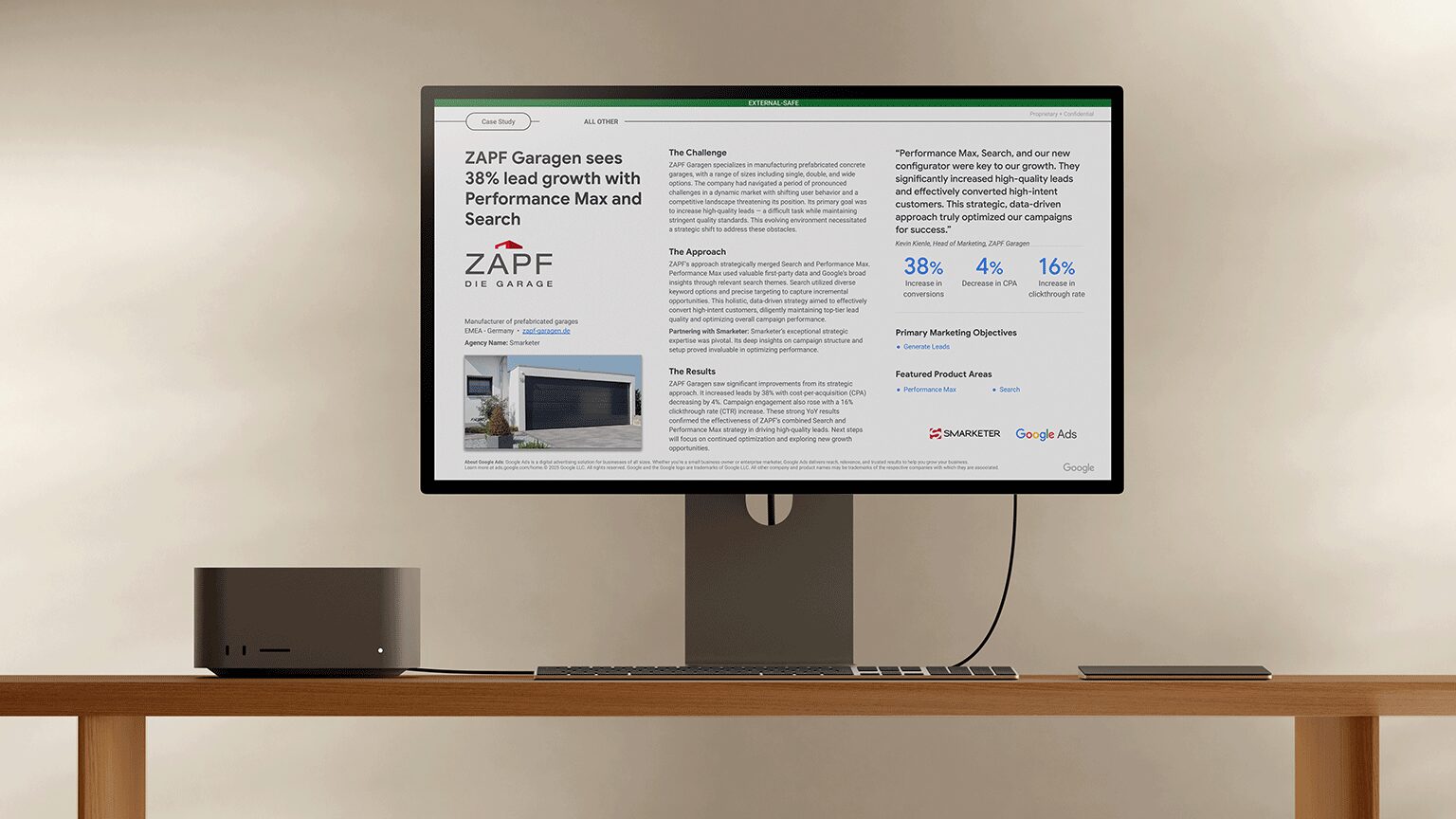 zapf-garagen-case-study-performance-max-leads ZAPF Garagen Case Study auf Bildschirm mit Performance Max Erfolgsdaten und Leadwachstum