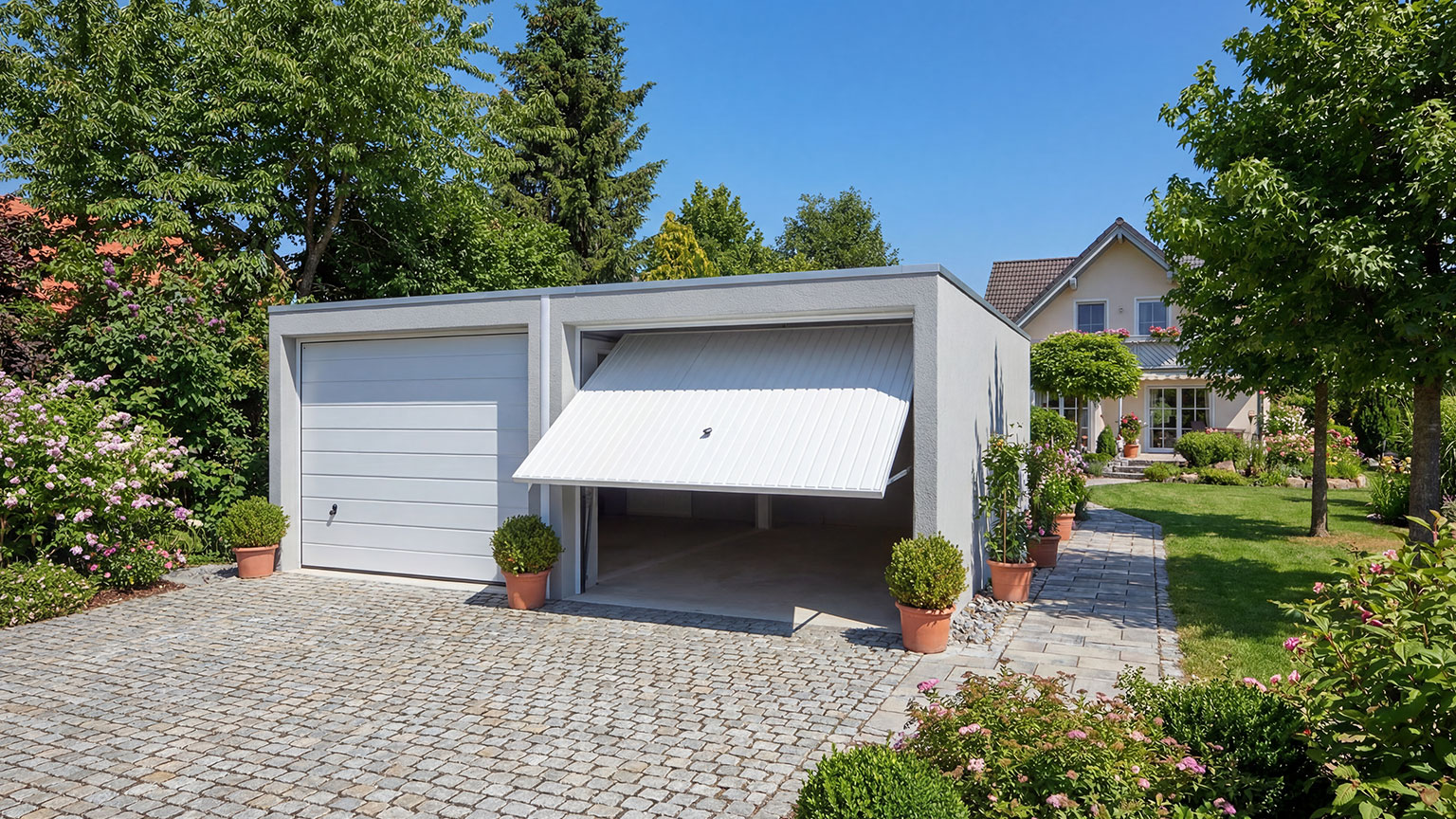 moderne-doppelgarage-flachdach-weisse-garagentore. Moderne Doppelgarage mit Flachdach und geöffnetem Garagentor vor Einfamilienhaus