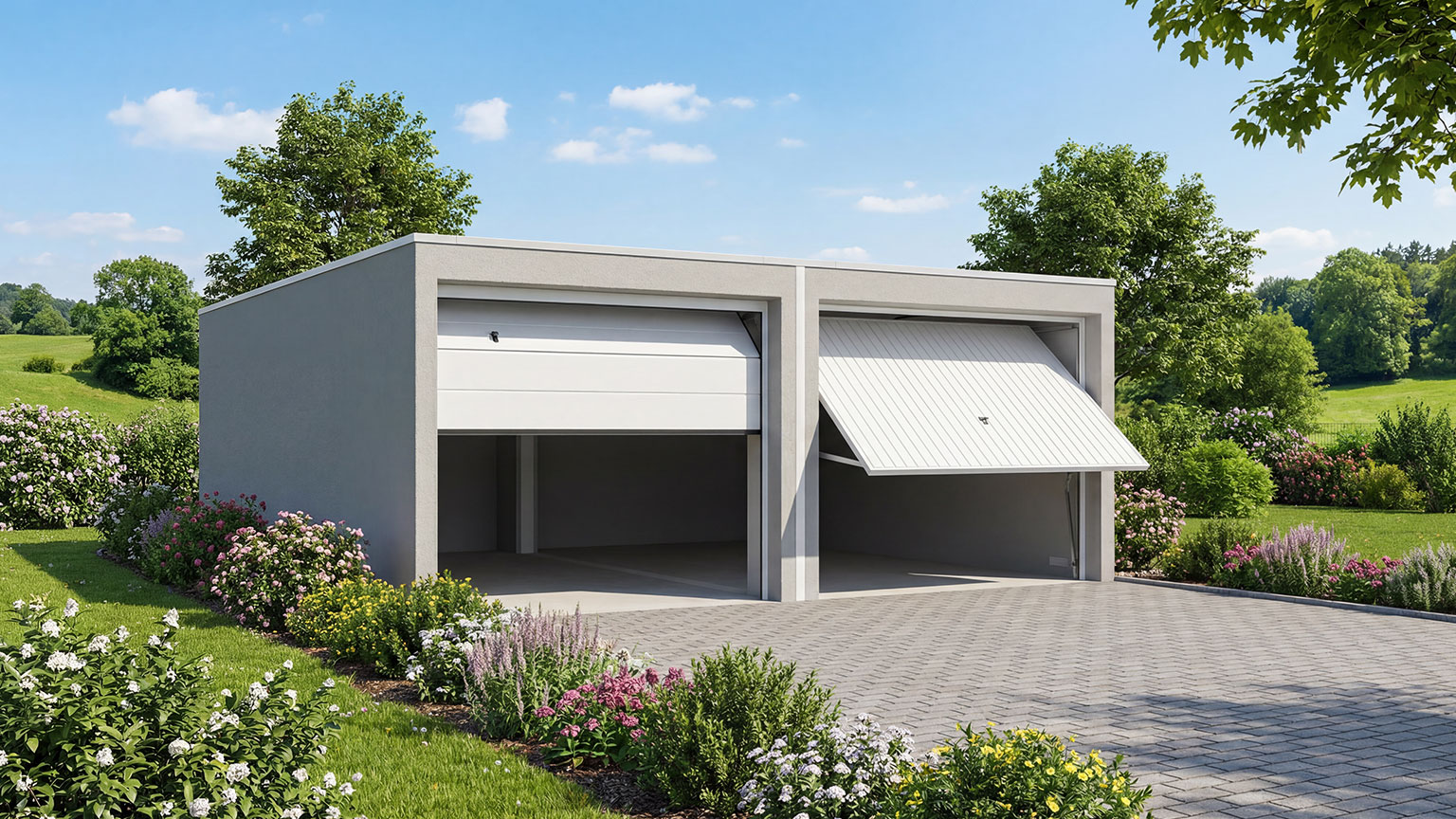 doppelgarage-modern-flachdach-garten-einfahrt Moderne Doppelgarage mit Flachdach und zwei Garagentoren in gepflegtem Garten mit gepflasterter Einfahrt