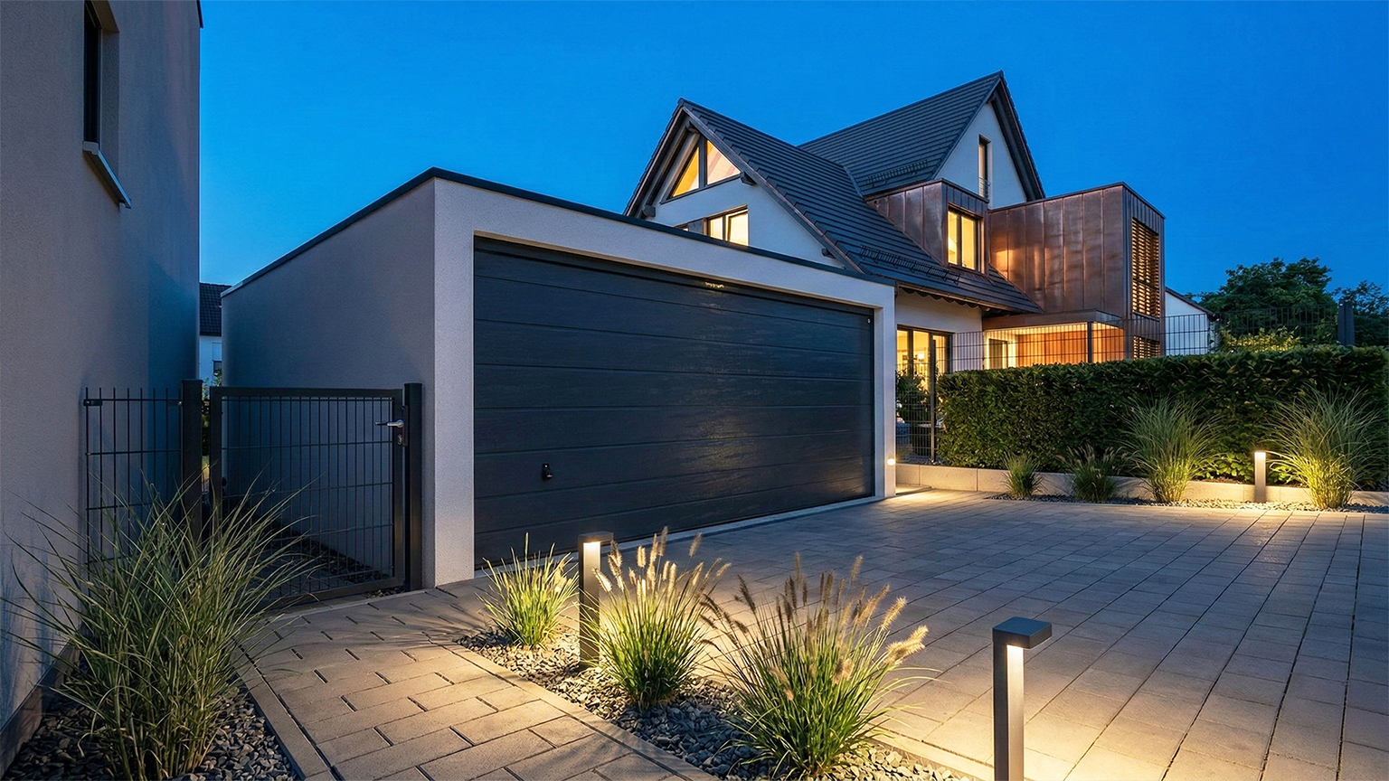 Moderne Betonfertiggarage mit dunklem Sektionaltor vor Einfamilienhaus bei Abendbeleuchtung Freistehende Betonfertiggarage mit großem dunklem Sektionaltor und Flachdach vor einem modernen Einfamilienhaus, gepflasterte Einfahrt mit Gartenbeleuchtung, Ziergräsern und Hecke in der Abenddämmerung, ZAPF Garagen