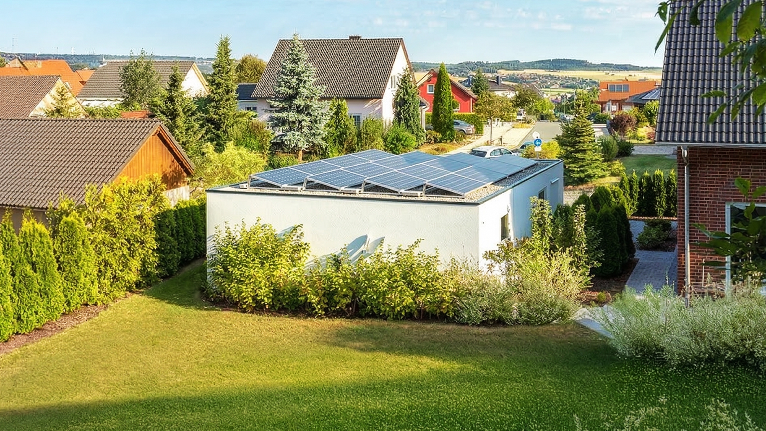 Betonfertiggarage mit Photovoltaikanlage auf dem Flachdach im Wohngebiet Moderne weiße Betonfertiggarage mit Flachdach und mehreren Photovoltaikmodulen auf der Dachfläche, umgeben von Hecken, Garten und Einfamilienhäusern in einer ruhigen Wohnsiedlung von ZAPF
