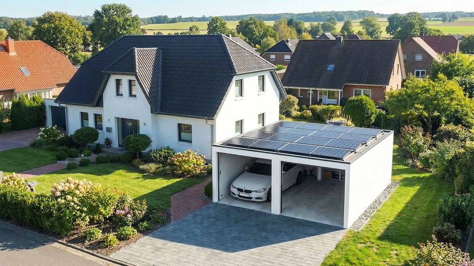 Doppelgarage aus Beton mit Photovoltaikanlage auf dem Flachdach Moderne weiße Doppelgarage aus Beton mit zwei offenen Stellplätzen und großflächiger Photovoltaikanlage auf dem Flachdach vor einem Einfamilienhaus mit Garten und gepflasterter Einfahrt in einem Wohngebiet von ZAPF