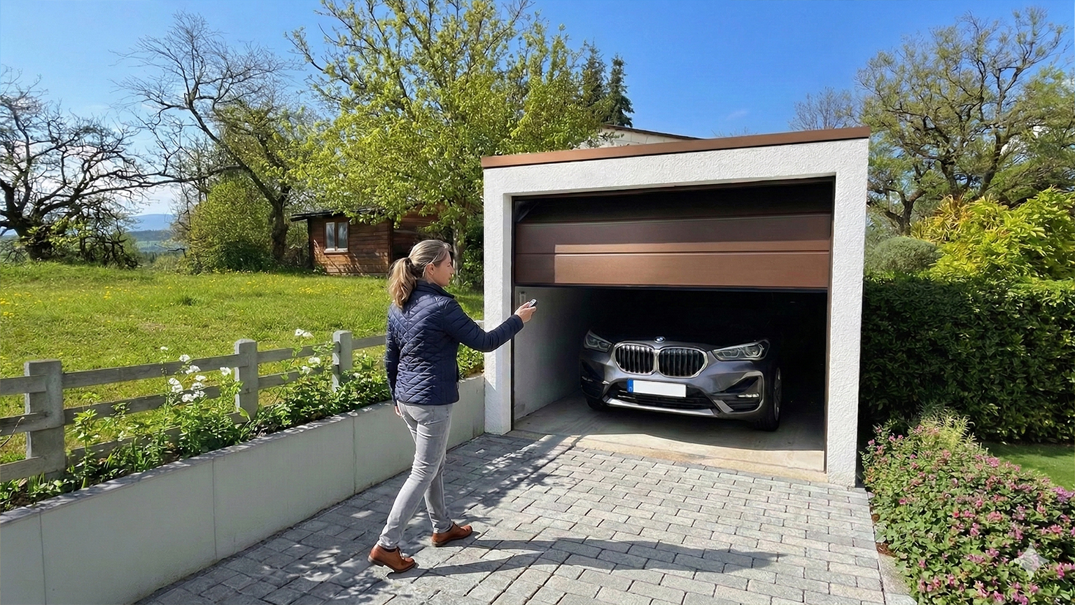 Fertiggarage mit geöffnetem Sektionaltor und Fahrzeug auf gepflasterter Einfahrt Betonfertiggarage mit heller Fassade und geöffnetem braunen Sektionaltor, davor eine Person auf gepflasterter Einfahrt während ein Auto in der Garage steht, umgeben von Garten, Bäumen und Wohnumfeld von ZAPF