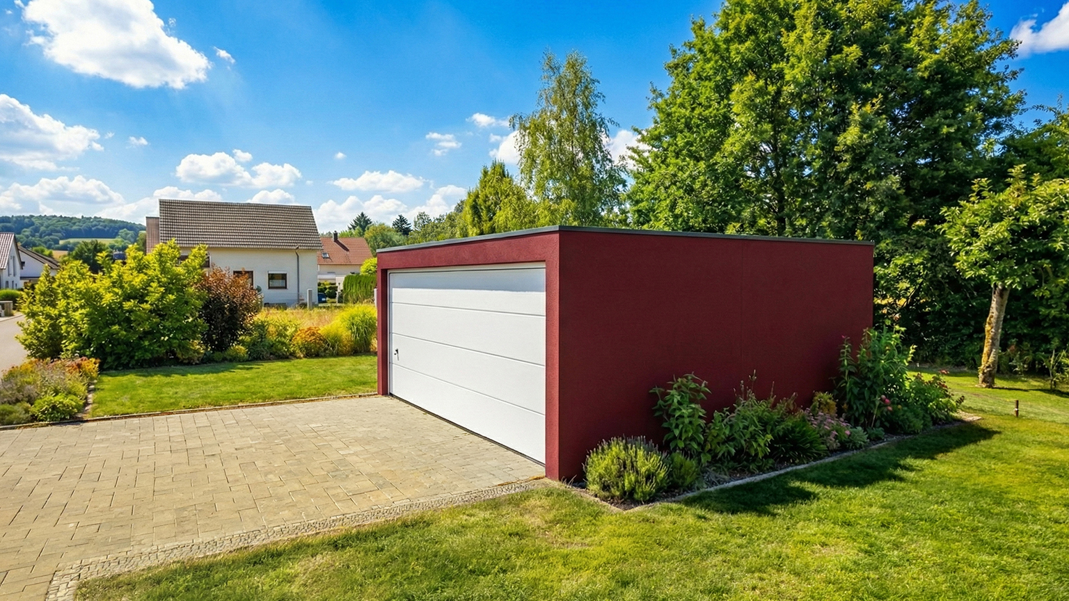 Rote Betonfertiggarage mit weißem Sektionaltor im gepflegten Garten Moderne Betonfertiggarage mit roter Putzfassade und weißem Sektionaltor auf gepflasterter Einfahrt neben Rasenfläche, Beeten und Bäumen in einer Wohnsiedlung bei sonnigem Wetter von ZAPF