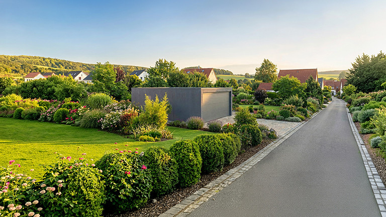 Freistehende moderne Betonfertiggarage mit grauer Fassade und Sektionaltor in einem gepflegten Garten mit Rasen, Sträuchern und Blumen entlang einer ruhigen Wohnstraße in ländlicher Umgebung von ZAPF Garagen