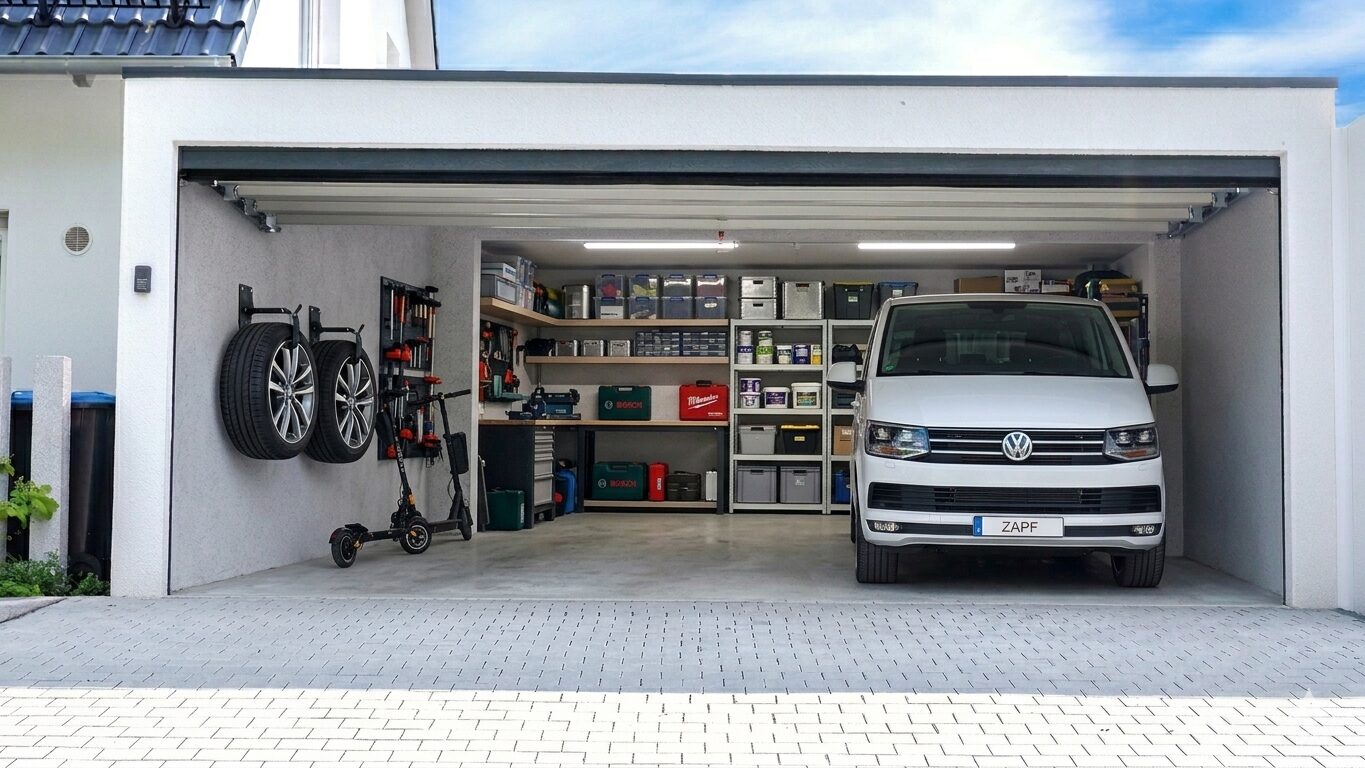 Moderne Betonfertiggarage mit geöffnetem Sektionaltor und organisiertem Stauraum Helle Fertiggarage mit geöffnetem Sektionaltor, rechts geparkter Transporter, links Wandhalterung mit Reifen und E-Scooter, im Hintergrund Regalsystem mit Werkzeug und Aufbewahrungsboxen, von ZAPF