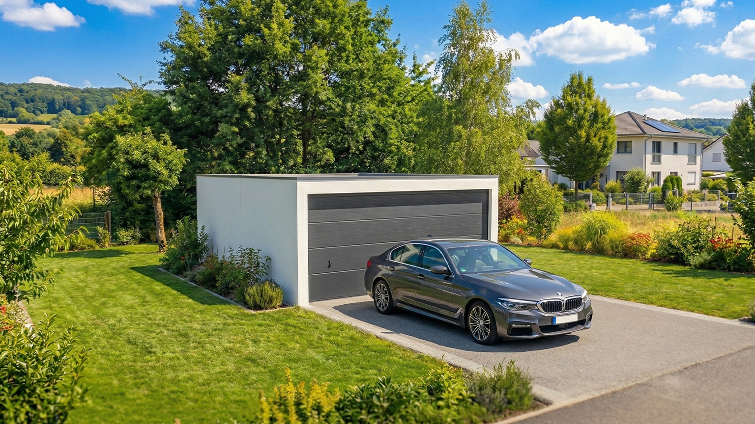 Moderne Betonfertiggarage mit Sektionaltor in gepflegtem Garten Freistehende Betonfertiggarage mit grauem Sektionaltor auf einer gepflasterten Einfahrt, davor ein geparktes Auto, umgeben von Rasen, Bäumen und Einfamilienhäusern in ruhiger Wohnlage von ZAPF