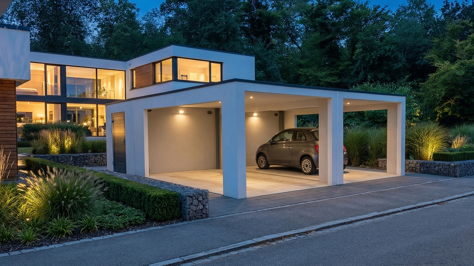 Offene Doppelgarage aus Beton mit moderner Beleuchtung am Wohnhaus Moderne Betonfertiggarage als offene Doppelgarage mit Flachdach und integrierter Beleuchtung neben einem Einfamilienhaus, Fahrzeug untergestellt, gepflasterte Zufahrt und gestaltete Gartenanlage in der Dämmerung, ZAPF Garagen
