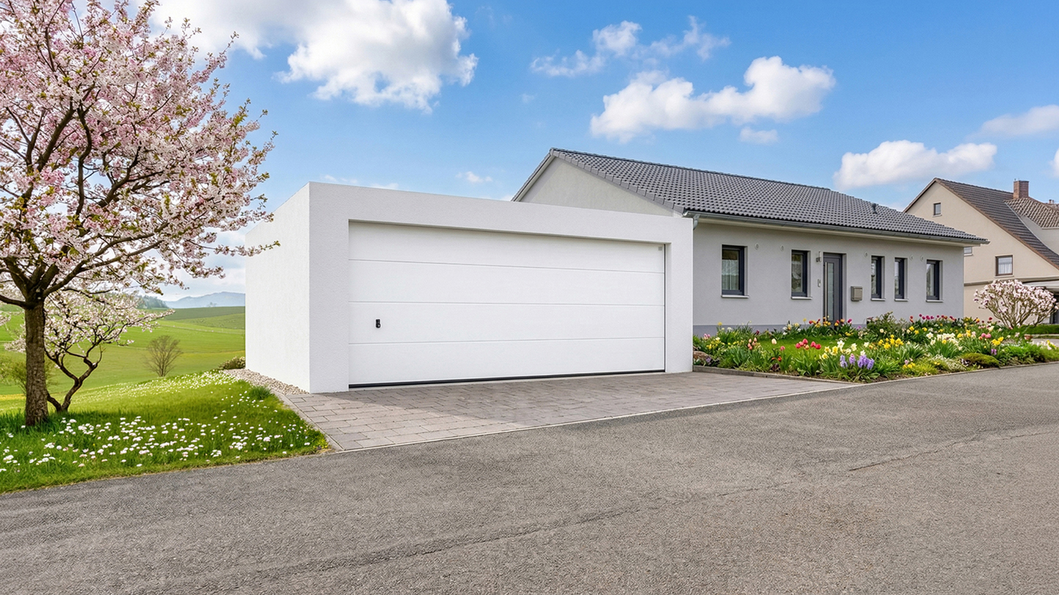 Moderne Einzel Fertiggarage mit Sektionaltor neben Einfamilienhaus Weiße Betonfertiggarage mit breitem Sektionaltor auf gepflasterter Zufahrt vor einem modernen Einfamilienhaus, umgeben von gepflegtem Garten mit Blumenbeeten und blühendem Baum von ZAPF