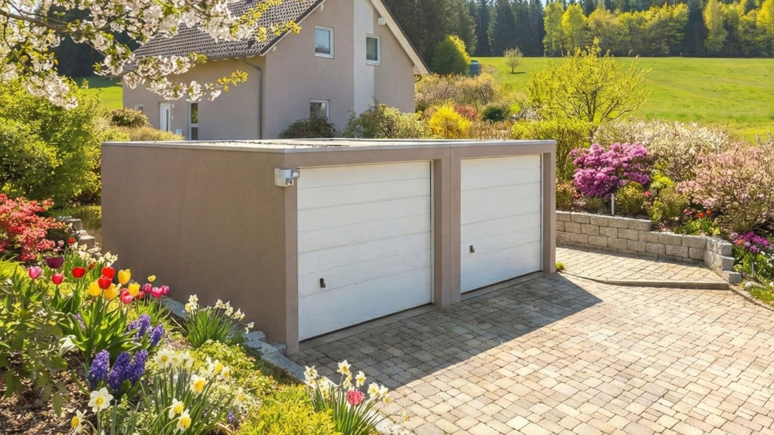 Doppel Fertiggarage mit Sektionaltoren in blühendem Garten Moderne Betonfertiggarage mit zwei weißen Sektionaltoren auf gepflasterter Zufahrt neben Einfamilienhaus, umgeben von farbenfrohen Blumenbeeten und Bäumen in ländlicher Umgebung von ZAPF