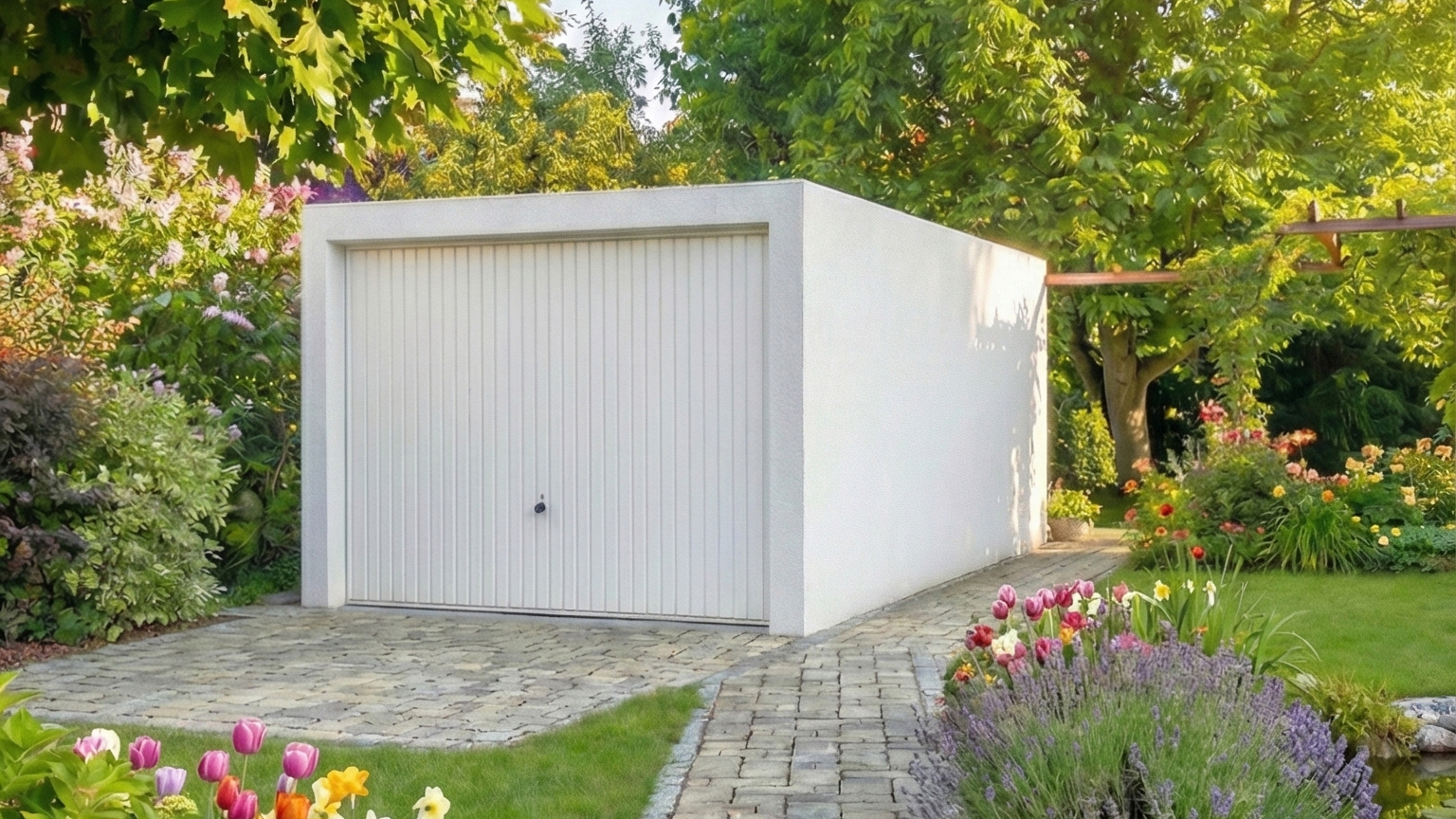 Einzel Fertiggarage mit Schwingtor im blühenden Garten Weiße Betonfertiggarage mit geschlossenem Schwingtor auf gepflasterter Zufahrt, eingebettet in einen üppigen Garten mit Blumenbeeten, Rasenfläche und großen Bäumen von ZAPF