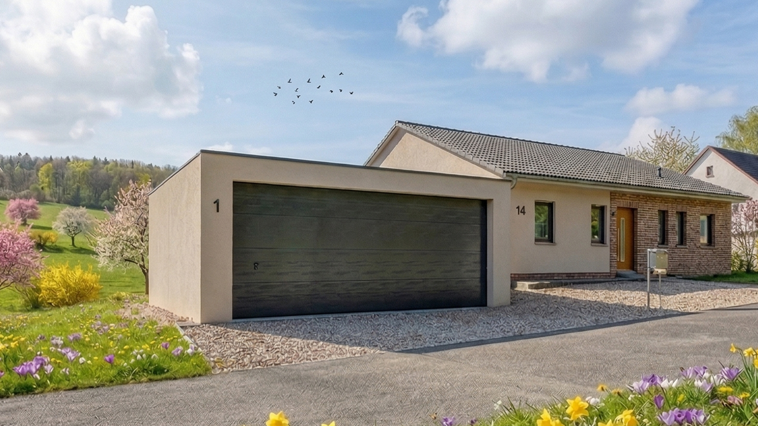 Fertiggarage mit dunklem Sektionaltor am Einfamilienhaus Moderne Betonfertiggarage mit breitem dunklem Sektionaltor neben einem Einfamilienhaus mit Putz und Klinkerfassade, davor Schotterfläche und Straße, umgeben von blühender Landschaft und Bäumen von ZAPF