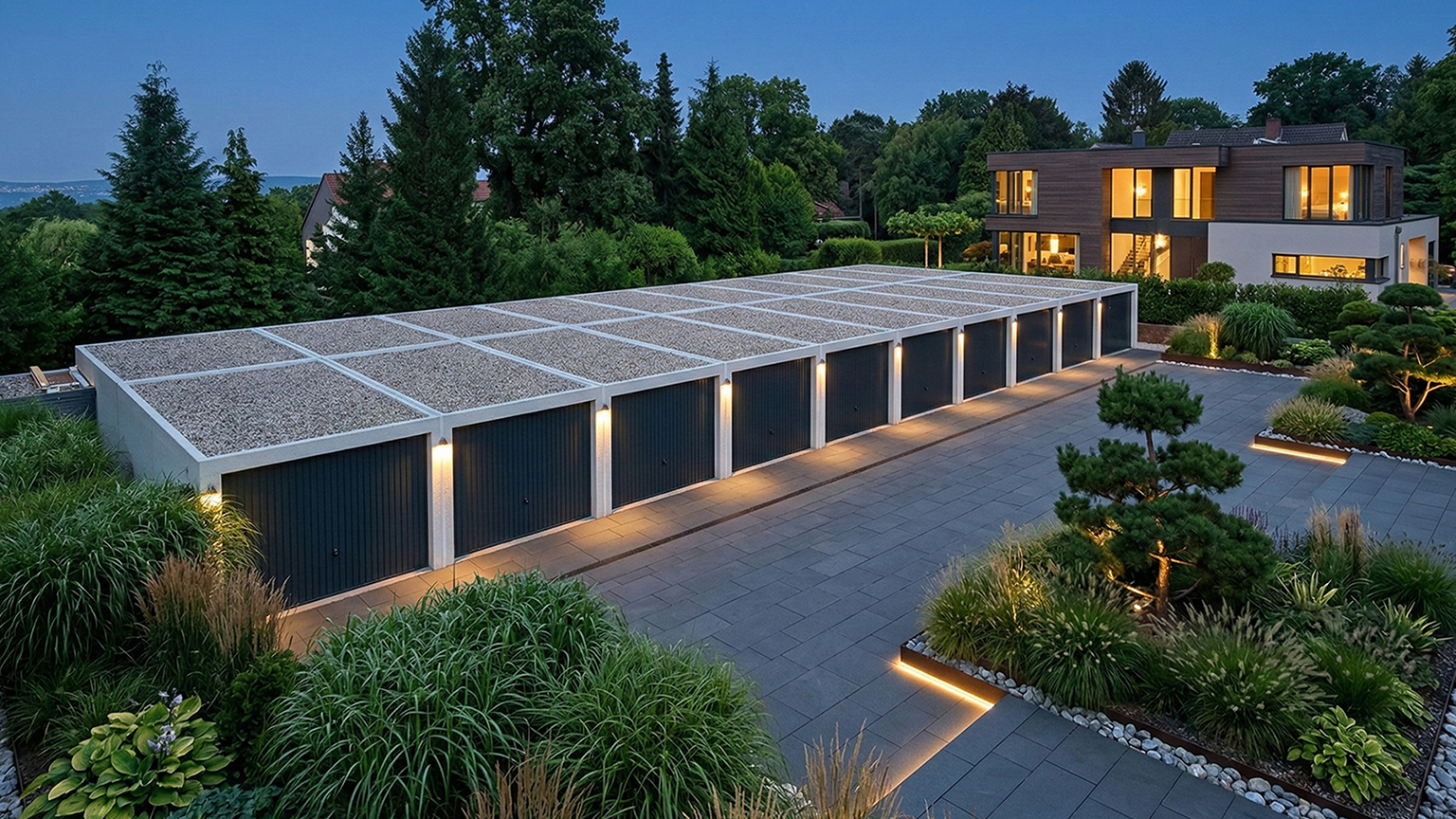 Beleuchtete Reihengaragen aus Betonfertiggaragen in moderner Wohnanlage bei Dämmerung Reihe weißer Betonfertiggaragen mit Flachdach und Kiesauflage sowie dunklen Garagentoren, beleuchtet entlang einer gepflasterten Zufahrt in einer gepflegten Gartenanlage neben einem modernen Wohnhaus bei Abendlicht von ZAPF