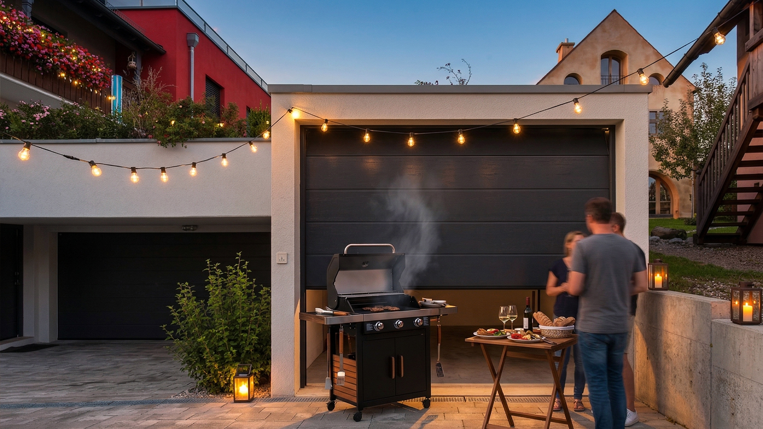 Beleuchtete Fertiggarage mit geöffnetem Sektionaltor und Grillabend Moderne Betonfertiggarage mit geöffnetem Sektionaltor bei Abenddämmerung, integrierter Grill im Innenraum, beleuchtete Lichterkette, gedeckter Beistelltisch und Personen im Gespräch vor der Garage, von ZAPF