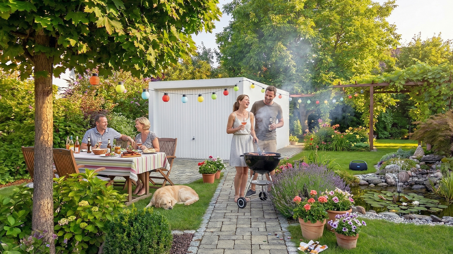 Fertiggarage im Garten mit Grillabend und Sitzbereich Moderne Betonfertiggarage mit seitlichem Sektionaltor in einem gepflegten Garten, davor gepflasterter Weg, Grill mit Paar, gedeckter Tisch unter Baum, Gartenbeleuchtung, Blumenbeete und Teich, von ZAPF