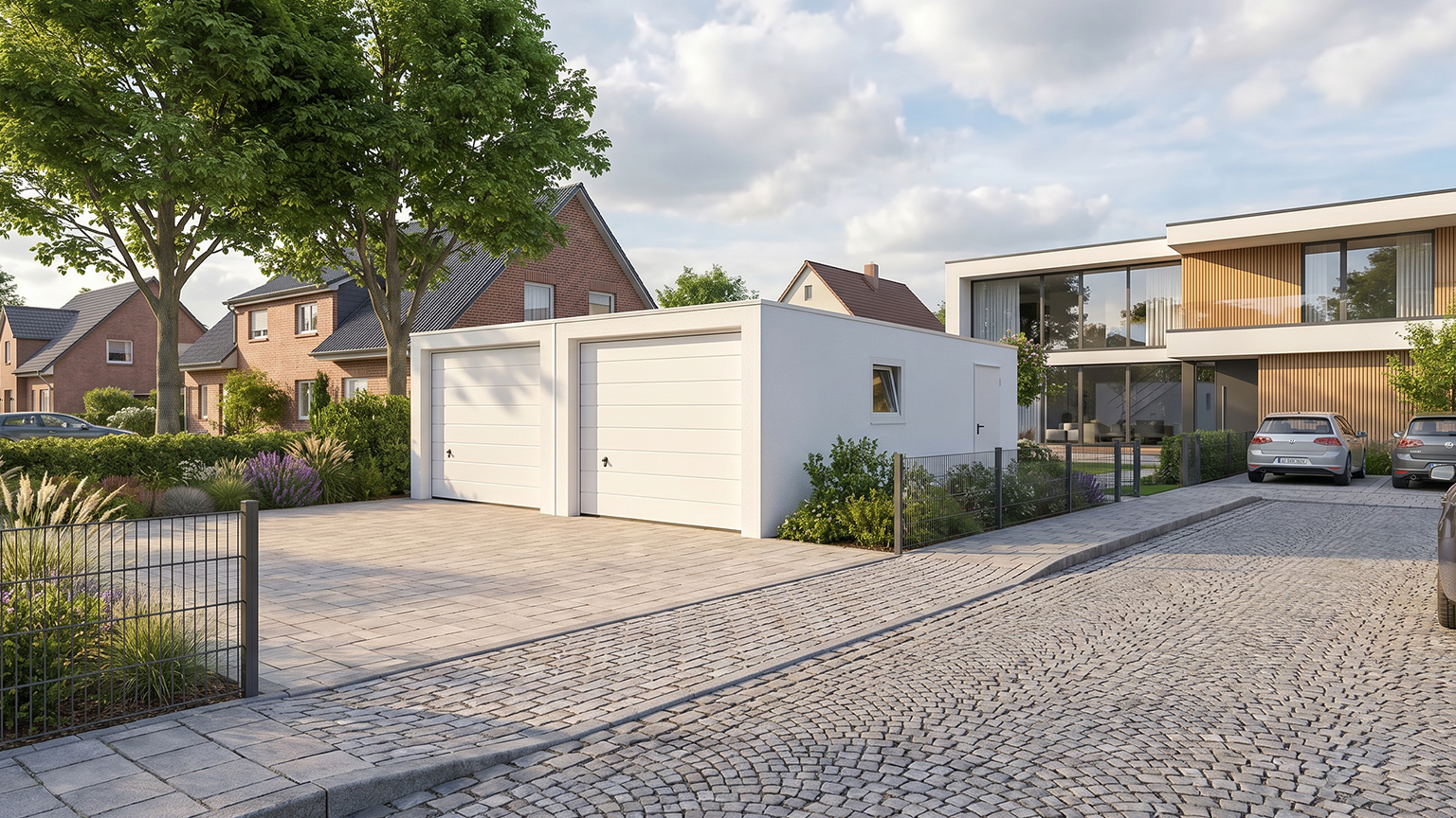 Moderne Doppel-Fertiggarage mit Sektionaltoren im Wohngebiet Weiße Betonfertiggarage mit zwei geschlossenen Sektionaltoren, gepflasterter Einfahrt und gepflegtem Garten vor modernen und klassischen Wohnhäusern in ruhiger Wohnstraße von ZAPF