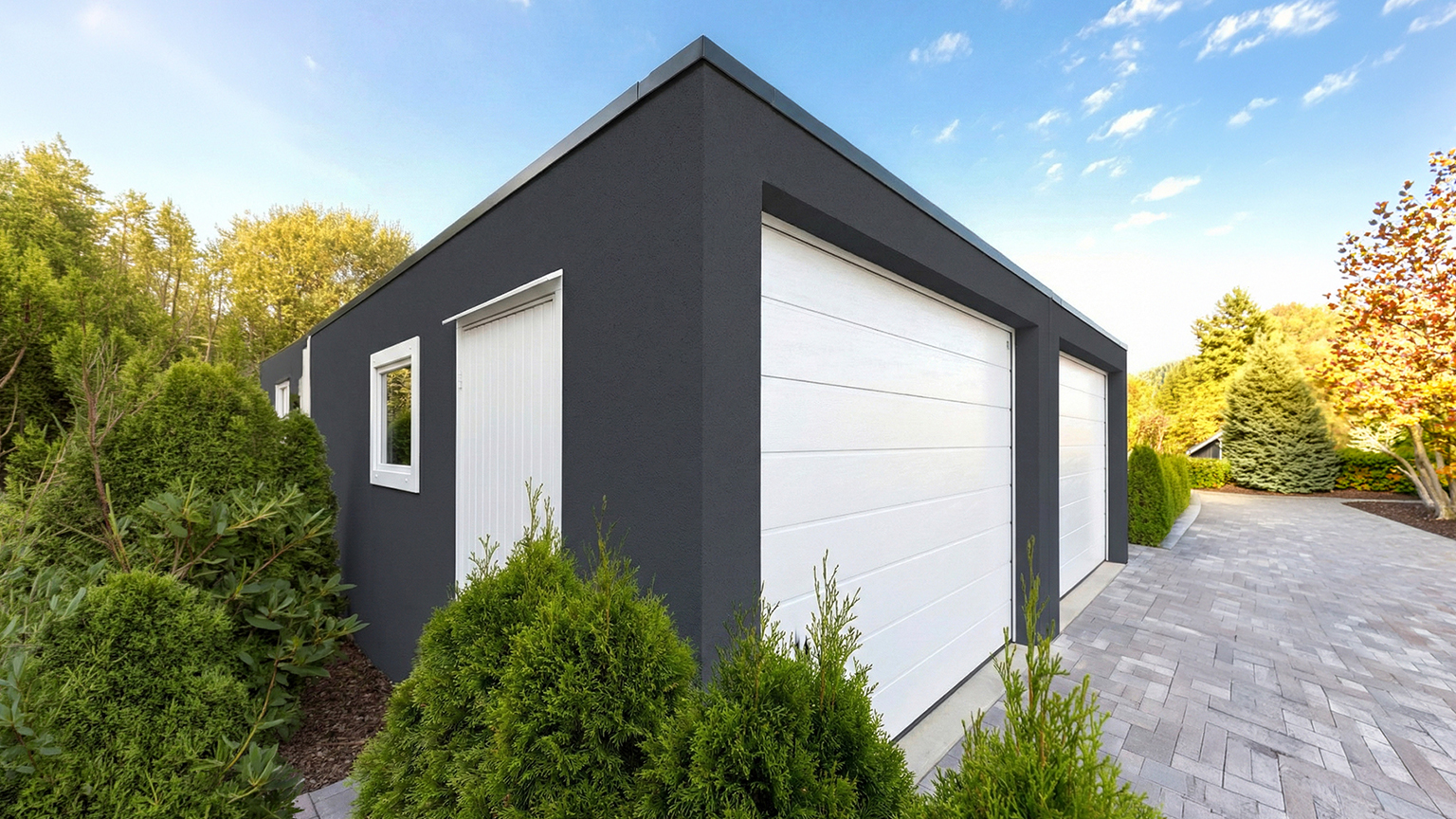 Moderne Doppelgarage mit anthrazitfarbener Fassade und weißen Sektionaltoren Freistehende Betonfertiggarage mit dunkler Putzfassade, zwei weißen Sektionaltoren, seitlicher Tür und Fenster sowie gepflasterter Zufahrt in gepflegter Gartenumgebung von ZAPF