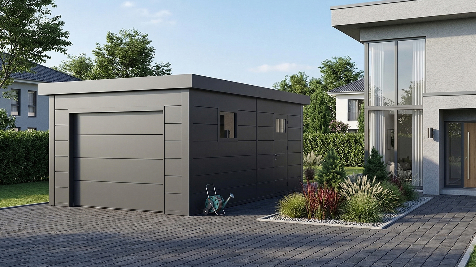Moderne Design-Betonfertiggarage mit Sektionaltor und Seitentür Dunkel gestaltete Betonfertiggarage mit glatter Fassadenstruktur, integriertem Sektionaltor und seitlicher Zugangstür neben einem modernen Wohnhaus, gepflasterte Einfahrt und bepflanzter Garten, ZAPF Garagen