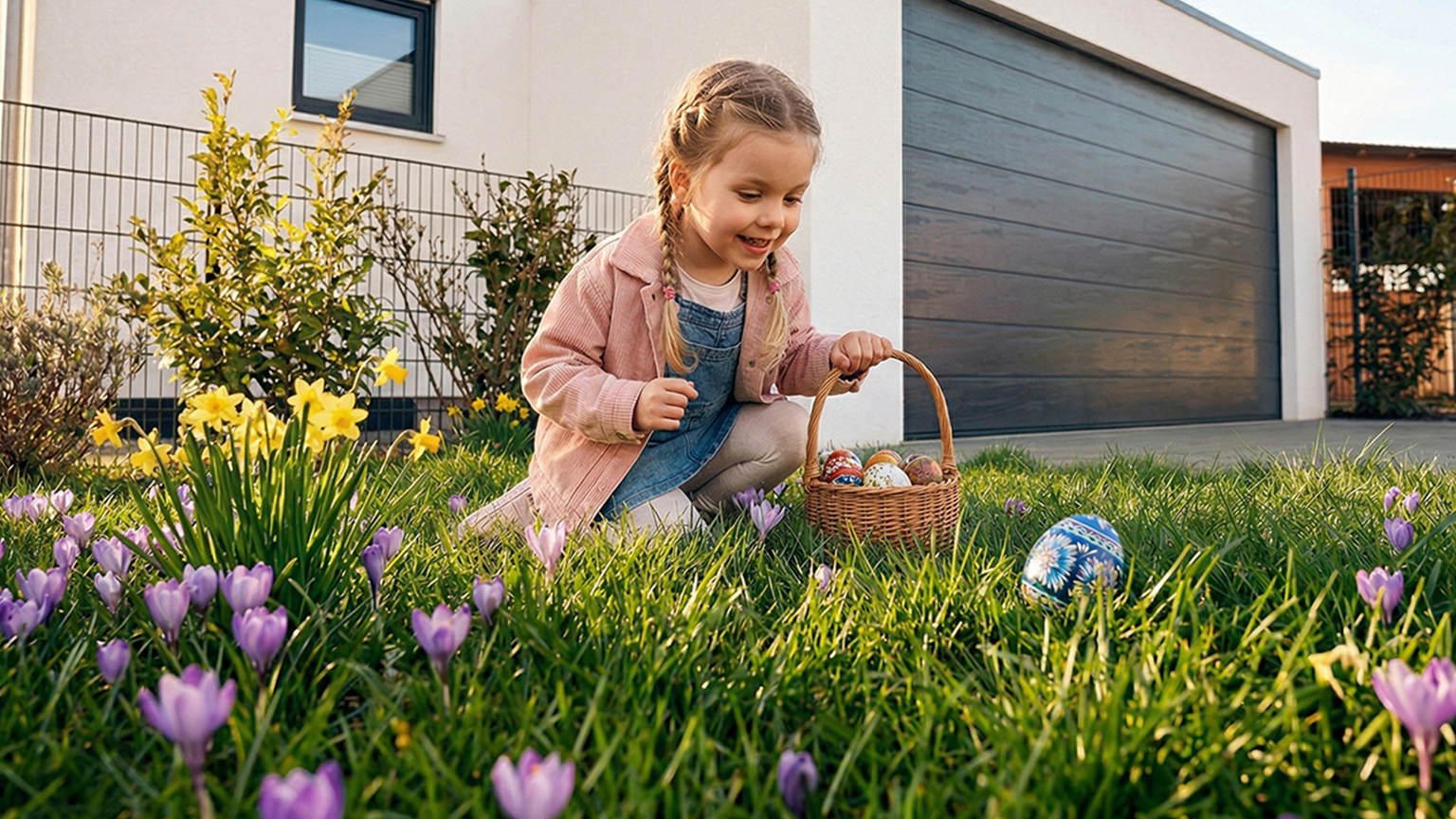 Kind bei der Ostereiersuche im Garten vor moderner Betonfertiggarage Kleines Kind kniet auf einer Wiese mit Frühlingsblumen und sammelt bunte Ostereier in einen Korb, im Hintergrund moderne Betonfertiggarage mit Sektionaltor neben einem Wohnhaus von ZAPF