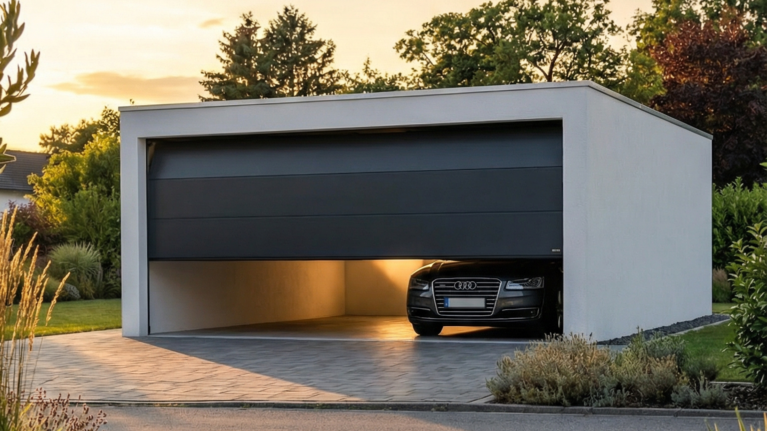 Moderne Betonfertiggarage mit Sektionaltor und Fahrzeug bei Abendlicht Freistehende Betonfertiggarage mit geöffnetem dunklem Sektionaltor, darin ein geparktes Fahrzeug, beleuchteter Innenraum, gepflasterte Einfahrt und Gartenumgebung im warmen Abendlicht, von ZAPF