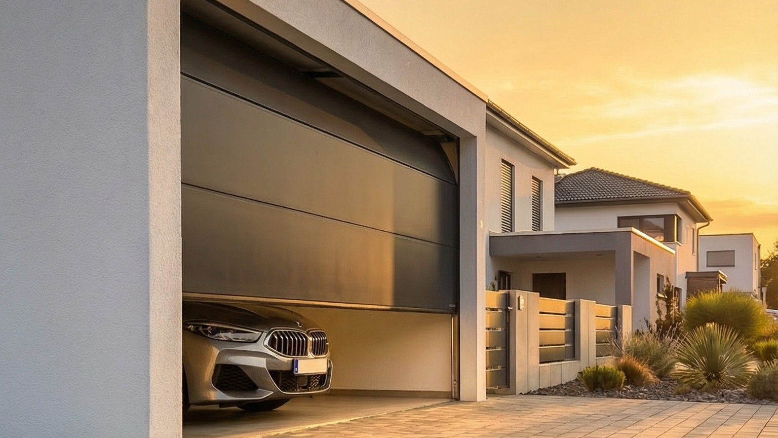 Betonfertiggarage am Einfamilienhaus mit geschlossenem Sektionaltor bei Abendlicht In Wohnhaus integrierte Betonfertiggarage mit geschlossenem glattem Sektionaltor, davor gepflasterte Einfahrt, teilweise sichtbares Fahrzeug im Innenraum, moderne Hausfassade mit Vorgarten und warmes Abendlicht, von ZAPF