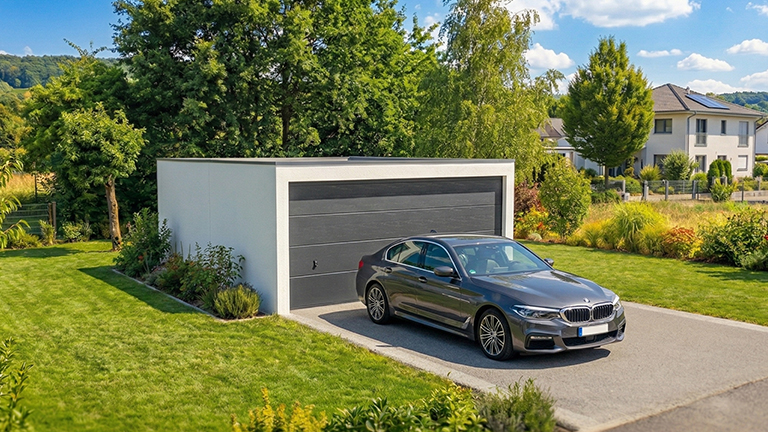Freistehende Betonfertiggarage mit grauem Sektionaltor auf einer gepflasterten Einfahrt, davor ein geparktes Auto, umgeben von Rasen, Bäumen und Einfamilienhäusern in ruhiger Wohnlage von ZAPF