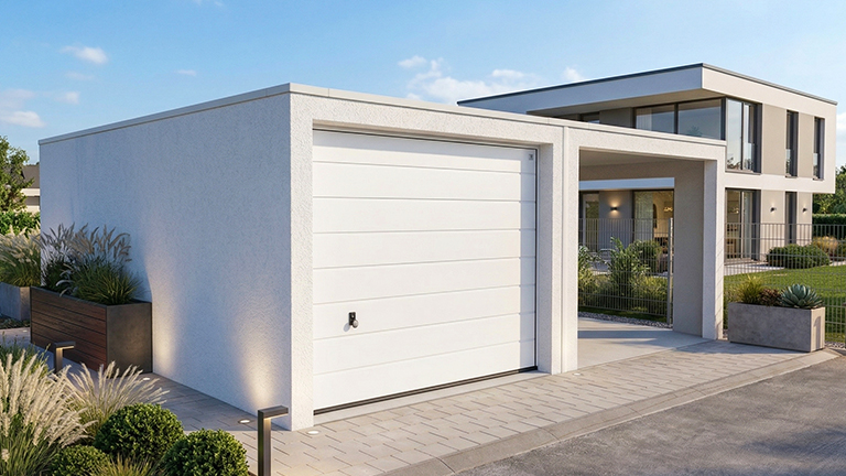 Helle Betonfertiggarage mit glattem Putz und weißem Sektionaltor vor einem modernen Wohnhaus, gepflasterte Einfahrt, bepflanzte Beete und klare Architektur, ZAPF Garagen