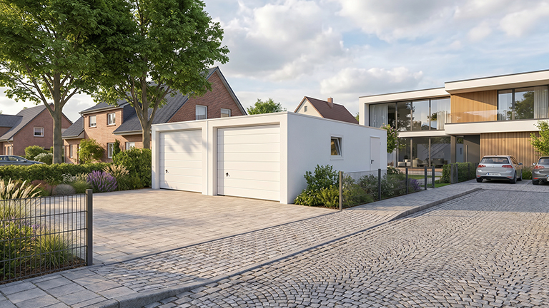Weiße Betonfertiggarage mit zwei geschlossenen Sektionaltoren, gepflasterter Einfahrt und gepflegtem Garten vor modernen und klassischen Wohnhäusern in ruhiger Wohnstraße von ZAPF