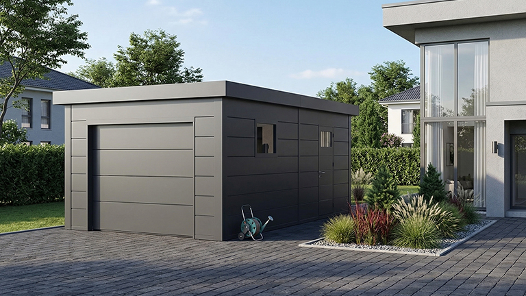 Dunkel gestaltete Betonfertiggarage mit glatter Fassadenstruktur, integriertem Sektionaltor und seitlicher Zugangstür neben einem modernen Wohnhaus, gepflasterte Einfahrt und bepflanzter Garten, ZAPF Garagen